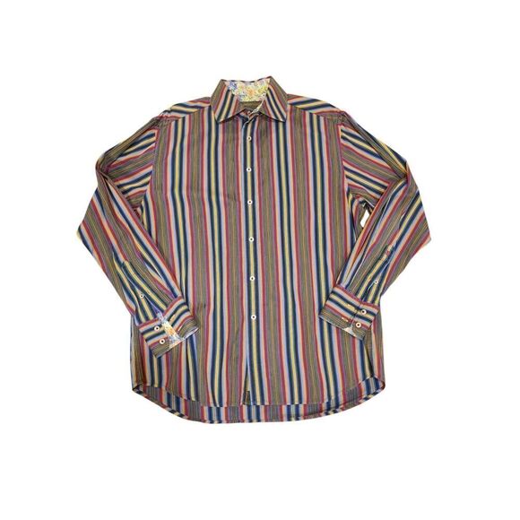 Robert Graham Mens Flip Cuff Shirt Green Red Blue Stripe DAISY Reverse Print | L - Picture 5 of 13